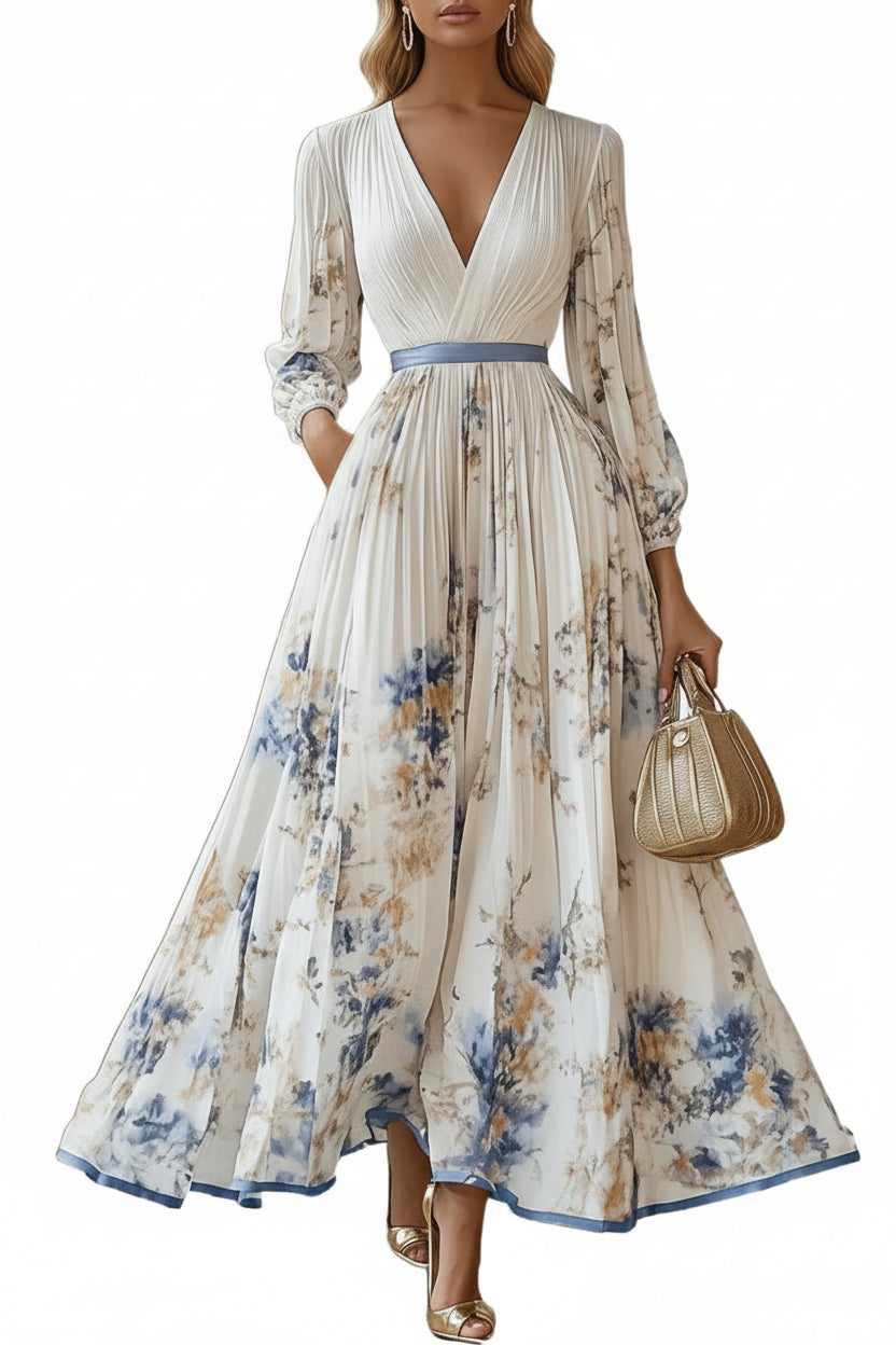 Women's Pleated A-Line Evening Dress – Flowy Midi Dress with V-Neck & Three-Quarter Sleeves for Special Occasions