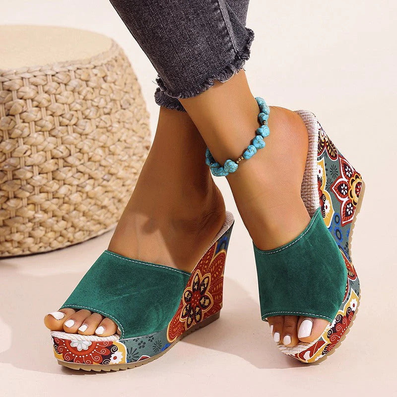 Orla | Boho Chic Floral Velvet Wedge Sandals - Vibrant Platform Slides