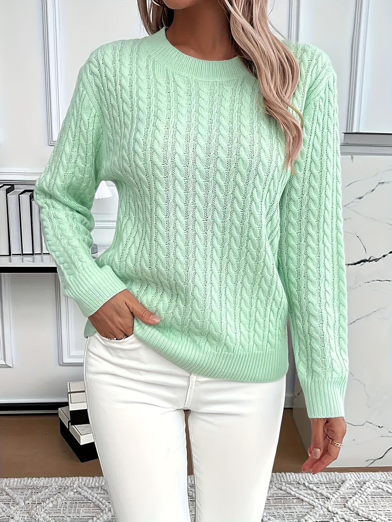 Penelope | Crewneck Long Sleeve Cable Knit Sweater – Cozy Pullover Outfit