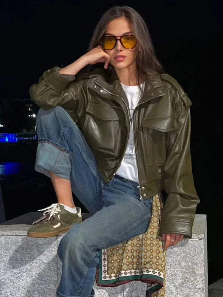 Poppy | Zip-Front Pocket Cropped Leather-Look Jacket – Edgy Streetwear and Casual Outerwear