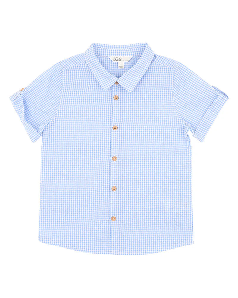 Retro Style Blue Check Shirt – Casual Button-Up Short Sleeve Summer Wear