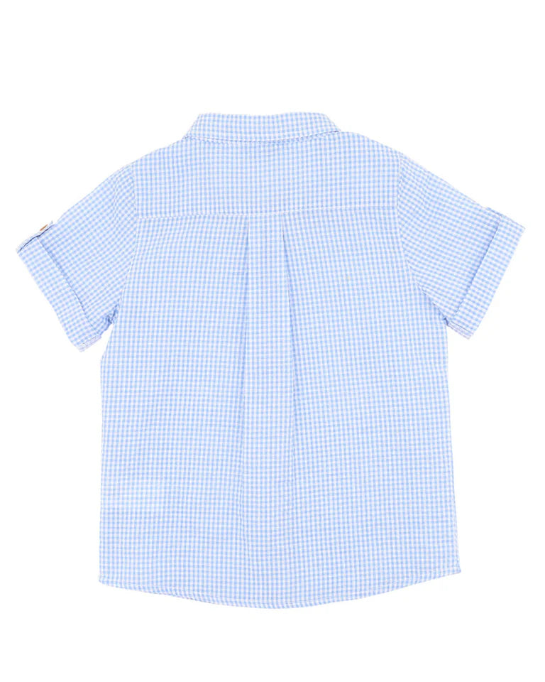 Retro Style Blue Check Shirt – Casual Button-Up Short Sleeve Summer Wear