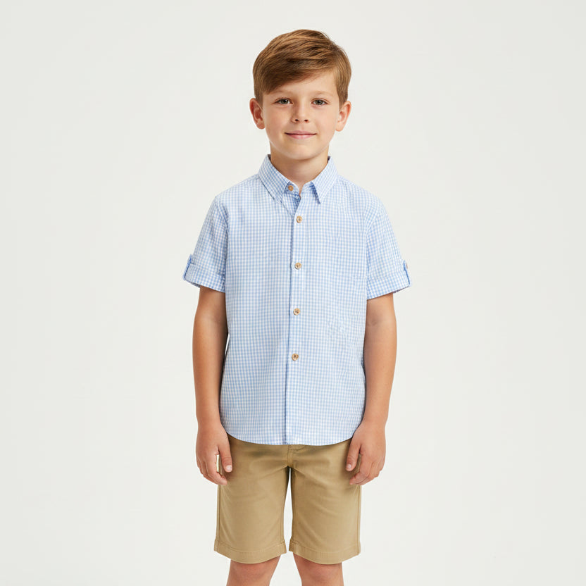 Retro Style Blue Check Shirt – Casual Button-Up Short Sleeve Summer Wear