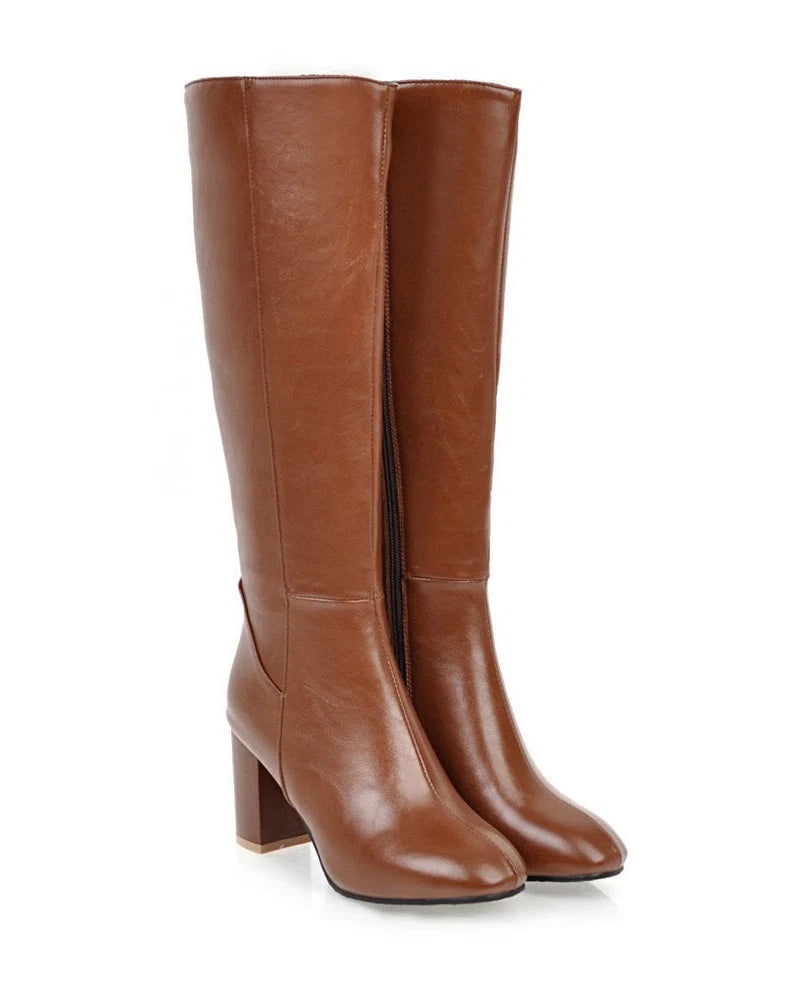 Rhea | Classic Knee-High Boots - Sleek Stacked Heel Tall Boots