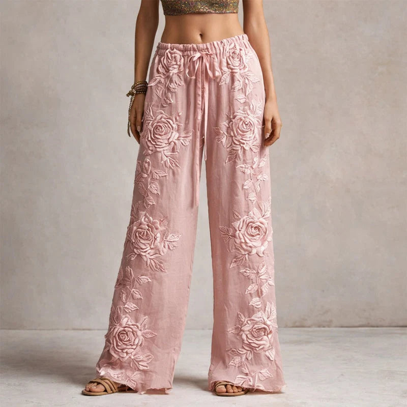 Roselith | Bohemian Floral Embroidered Drawstring Trousers - Relaxed Flowy Lounge Bottoms