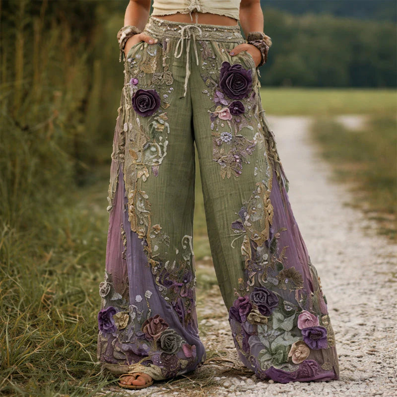 Roselith | Bohemian Floral Embroidered Drawstring Trousers - Relaxed Flowy Lounge Bottoms