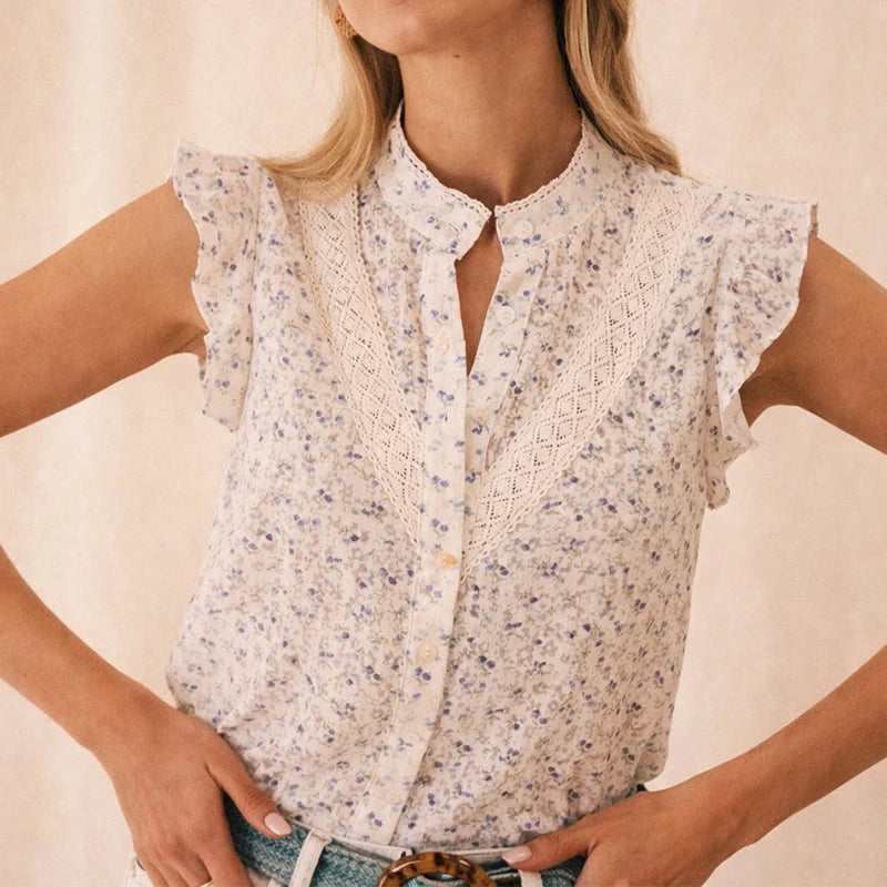 Marina | Floral Button Front Blouse – Sleeveless Printed Top for Effortless Style