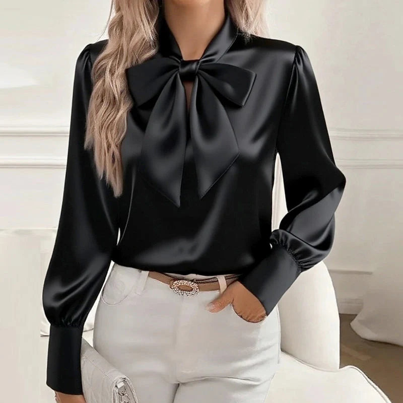 Simone | Bow Tie Neck Blouse – Satin Finish Long Sleeve Top for Refined Style