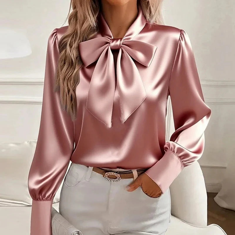 Simone | Bow Tie Neck Blouse – Satin Finish Long Sleeve Top for Refined Style