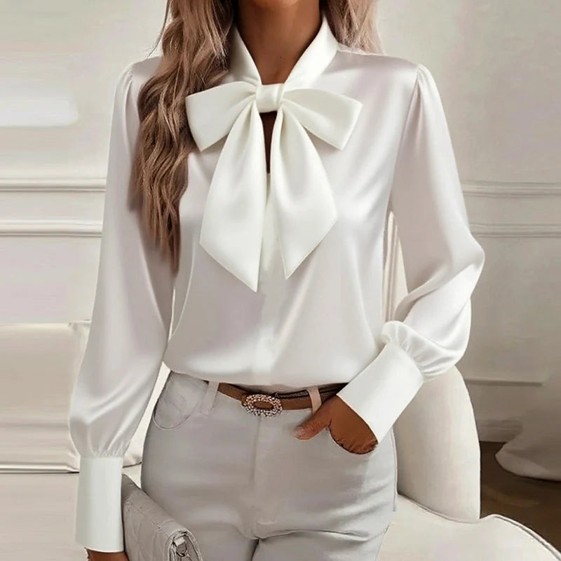 Simone | Bow Tie Neck Blouse – Satin Finish Long Sleeve Top for Refined Style