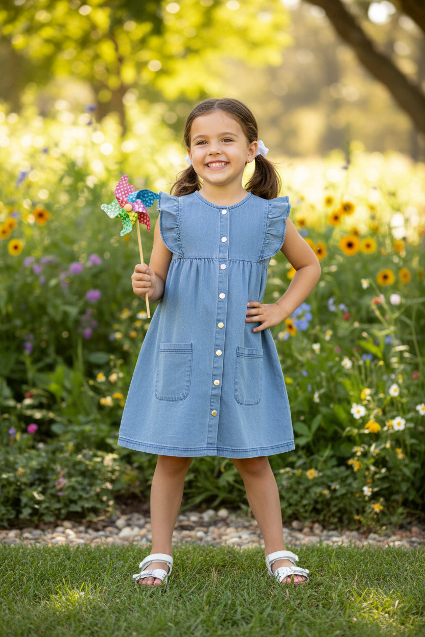 Sleeveless Denim Tiered Dress – Playful Frill Trim Summer Essential