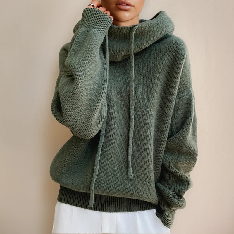 Solene | Drawstring Hooded Cowl-Neck Wool Pullover - Knitted Outwear