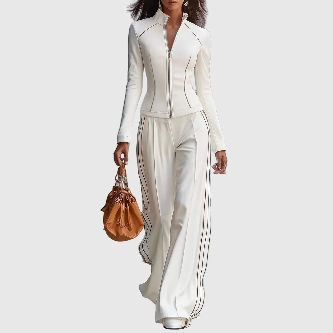 Solenne | Zip Front Pants Set – Coordinated Jacket and Wide Leg Trousers Outfit