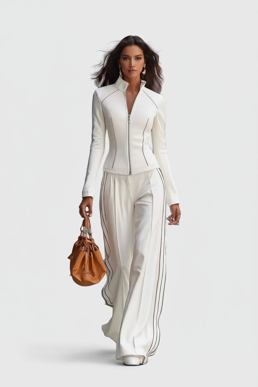Solenne | Zip Front Pants Set – Coordinated Jacket and Wide Leg Trousers Outfit