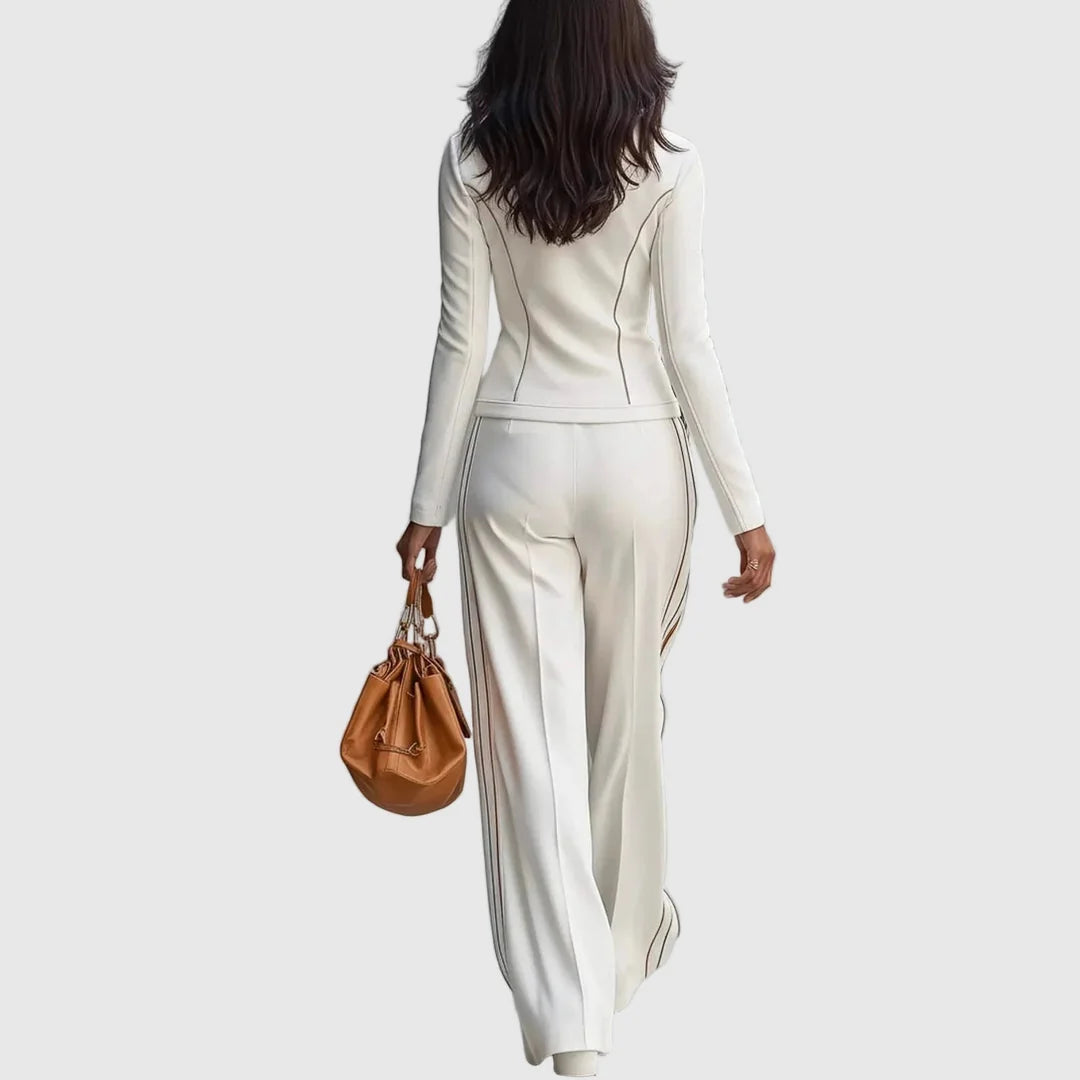Solenne | Zip Front Pants Set – Coordinated Jacket and Wide Leg Trousers Outfit