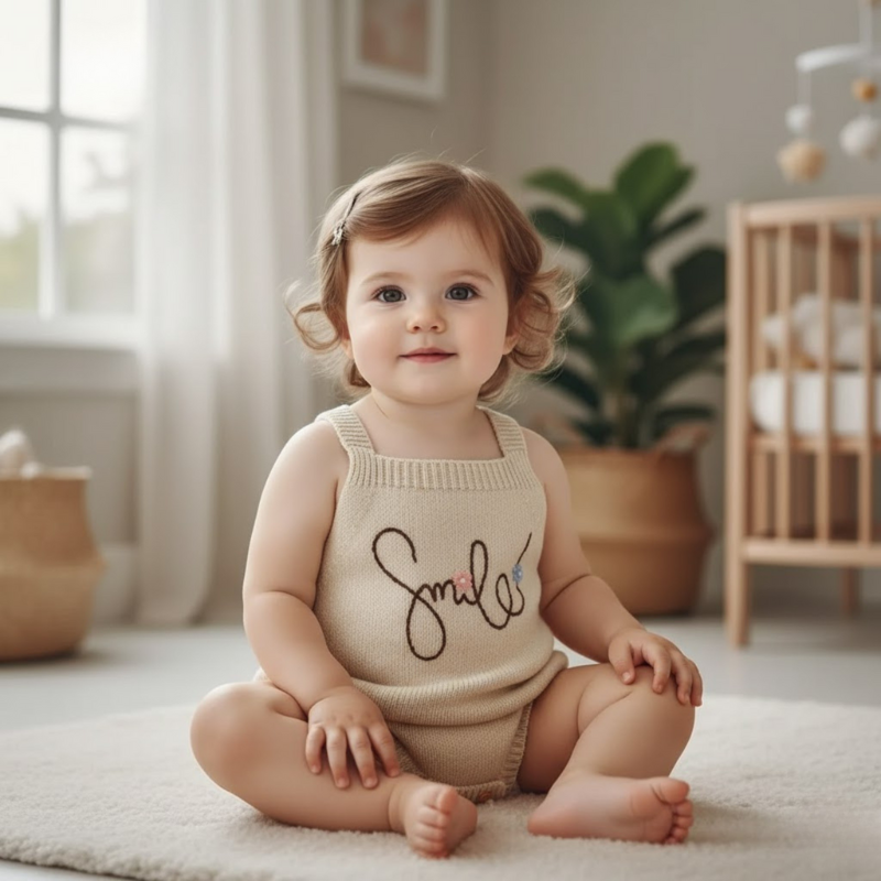 Embroidered knitted romper - Sleeveless baby romper for 0-18 months