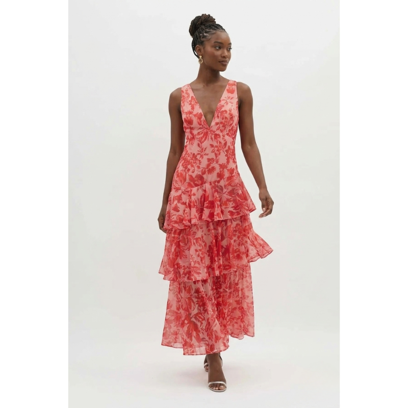 Women's Stylish V-Neck Tiered Ruffle Dress – Printed Elegant Maxi Outfit for Wedding Guests