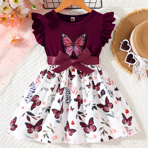 Girls Summer Butterfly Patchwork Dress – Sleeveless Ruffle Notch Neck Belted Casual Party Outfit