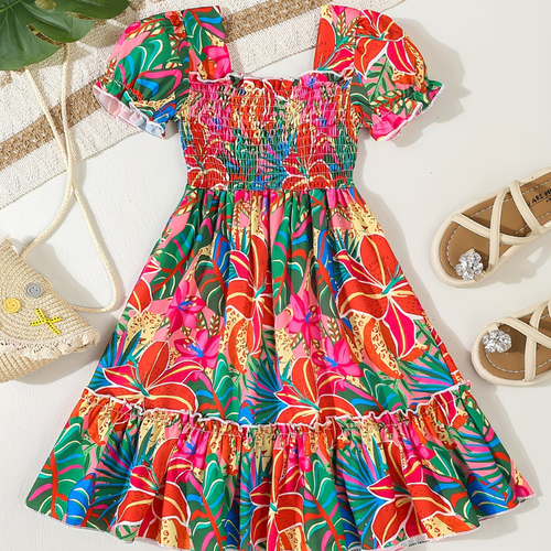 Girls Ethnic Print Summer Midi Dress – Lightweight Casual Short Sleeve Vacation Outfit