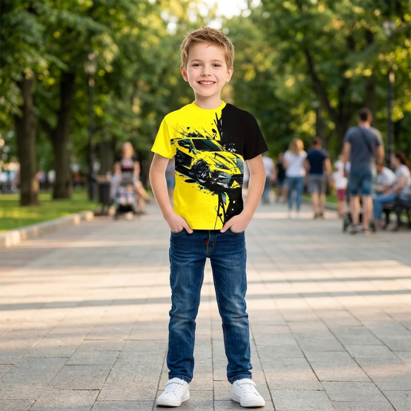 Boys Speed Track Graphic T Shirt – Neon Race Print Short Sleeve Crew Neck Casual Shirt