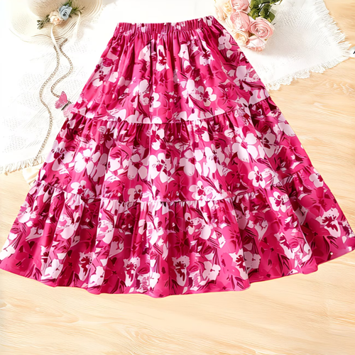Girls Floral Ruffle Midi Skirt – Summer Layered Casual Skirt for School, Beach Trips & Everyday Fashion