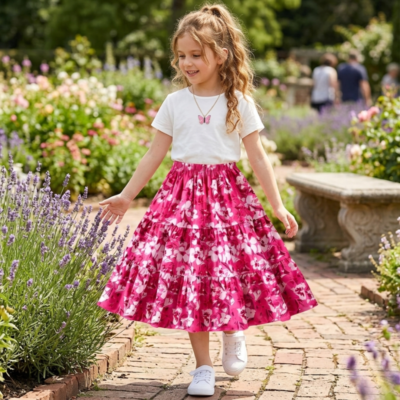 Girls Floral Ruffle Midi Skirt – Summer Layered Casual Skirt for School, Beach Trips & Everyday Fashion