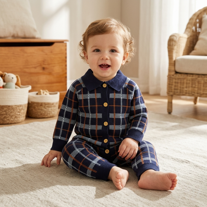 Baby Boy’s Knitted Tartan Romper – Long Sleeve Cozy Jumpsuit