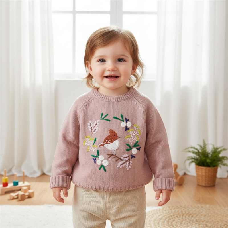 Cute girls sweater - Cozy knitted sweater with embroidered bird