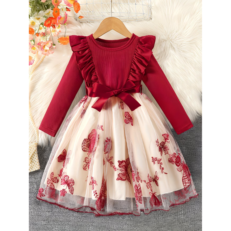 Girls Long Sleeve Patchwork Embroidered Bow Dress -Princess Dress for Parties & Special Occasions