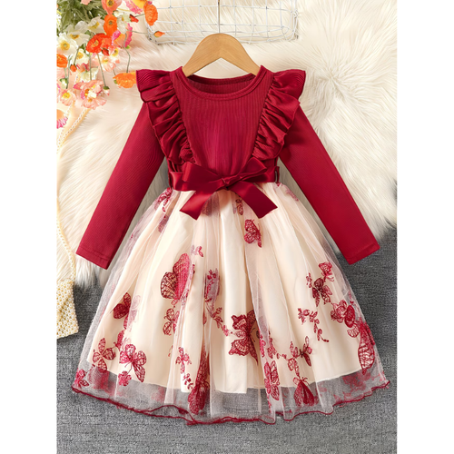 Girls Long Sleeve Patchwork Embroidered Bow Dress -Princess Dress for Parties & Special Occasions