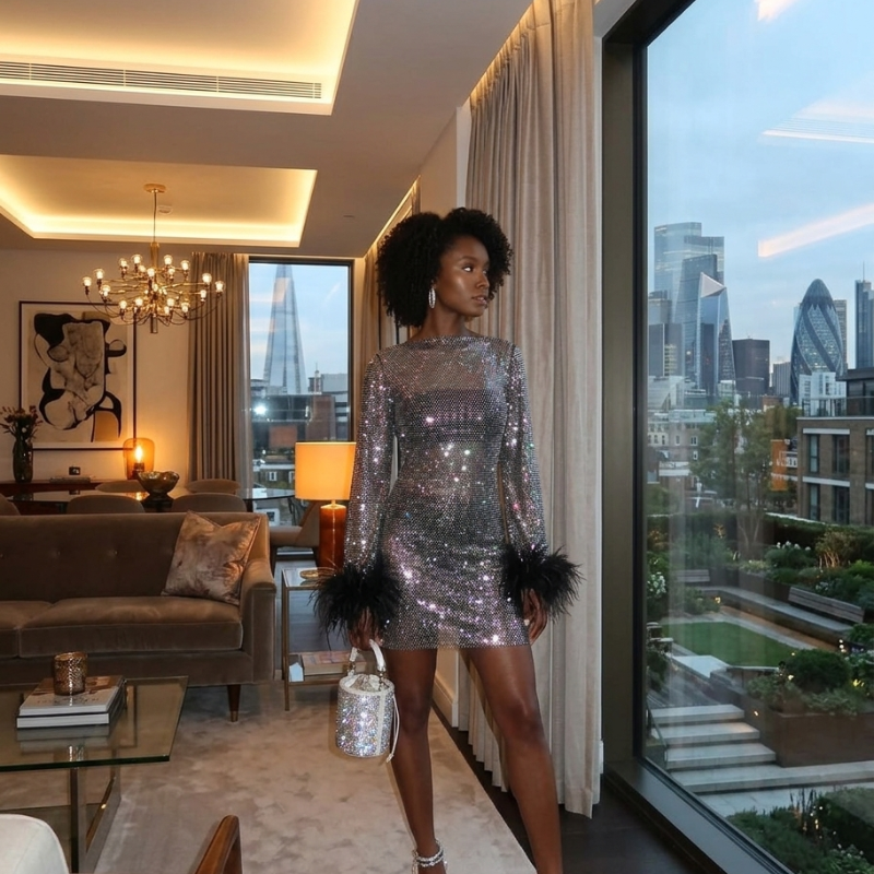 Women's Eye-Catching Sequin Cocktail Mini Dress – Sheer Sleeve Glam Night Out Outfit