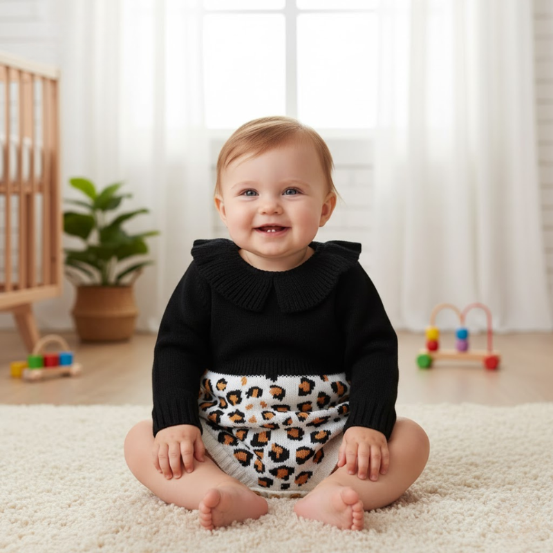 Warm knitted baby romper – classic bodysuit with ruffled collar for seasonal style and comfort
