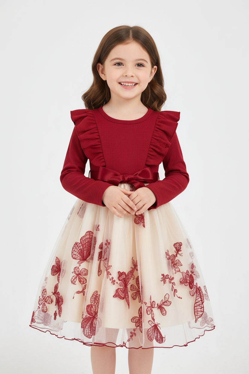 Girls Long Sleeve Patchwork Embroidered Bow Dress -Princess Dress for Parties & Special Occasions