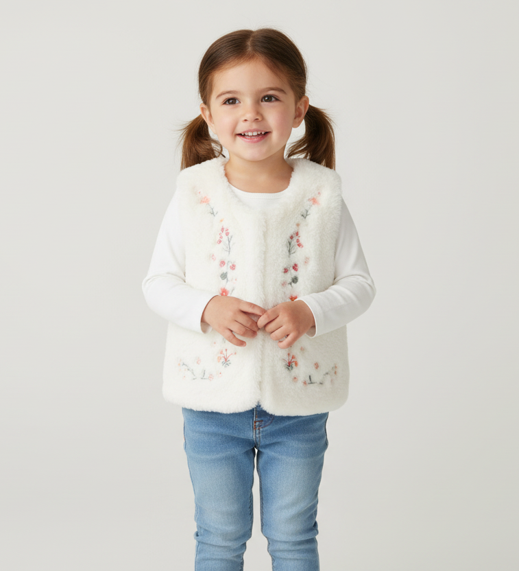 Embroidered Floral Teddy Fur Vest – Warm Fashion Kids Sleeveless Jacket