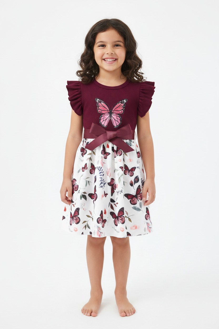 Girls Summer Butterfly Patchwork Dress – Sleeveless Ruffle Notch Neck Belted Casual Party Outfit