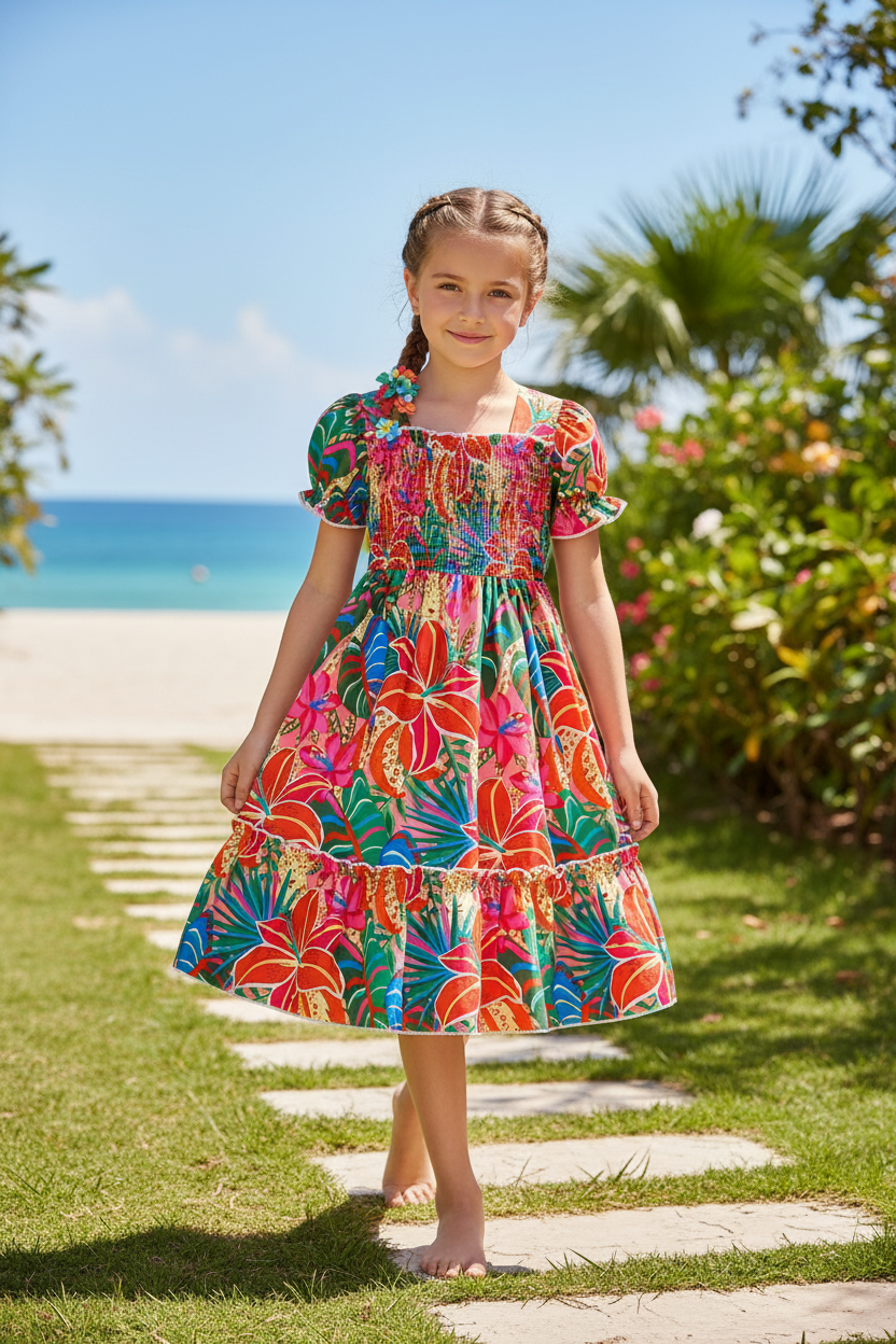 Girls Ethnic Print Summer Midi Dress – Lightweight Casual Short Sleeve Vacation Outfit