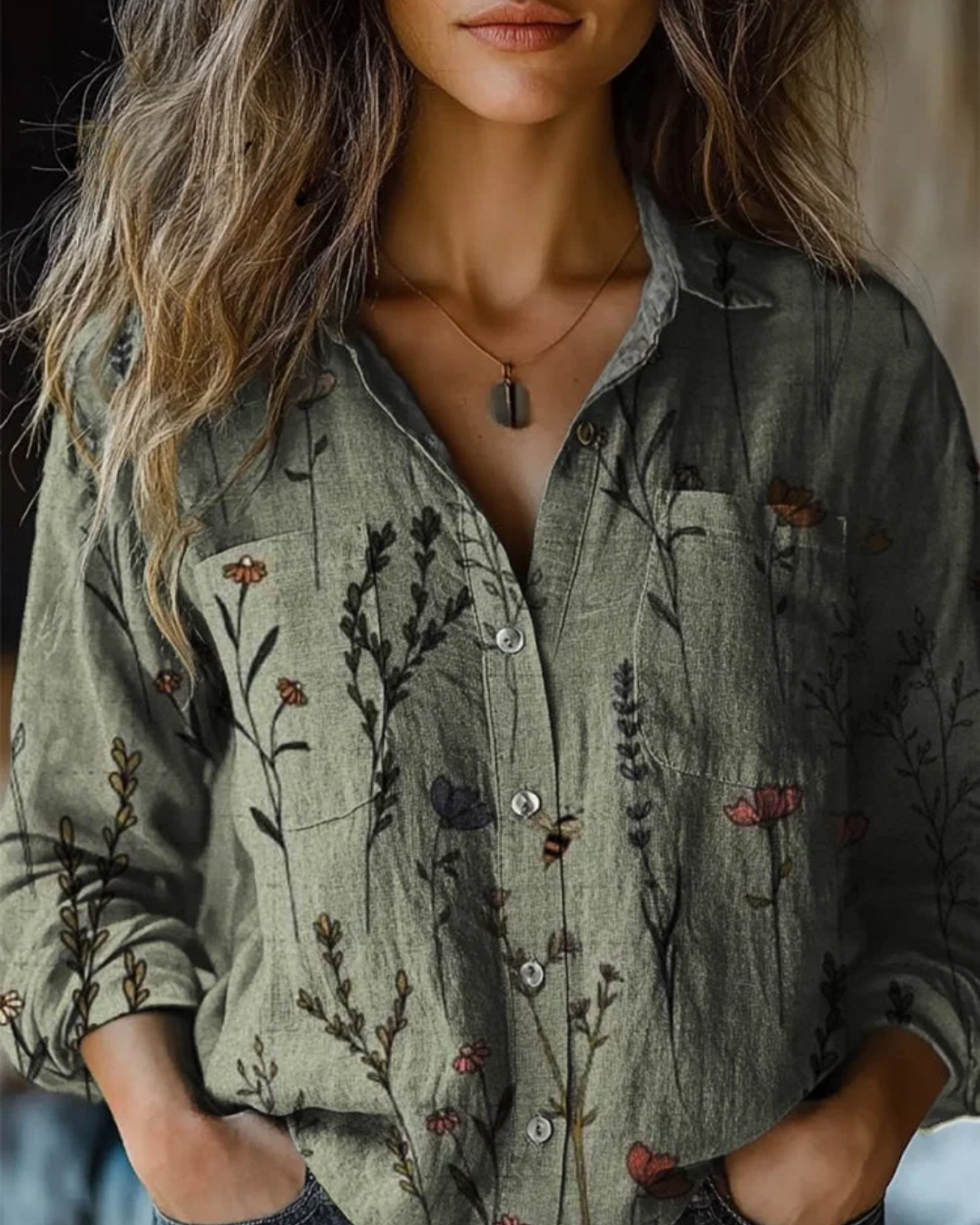 Blossom | Botanical-Print Button-Placket Pocket Shirt - Long-Sleeve Lapel-Collar Casual Top