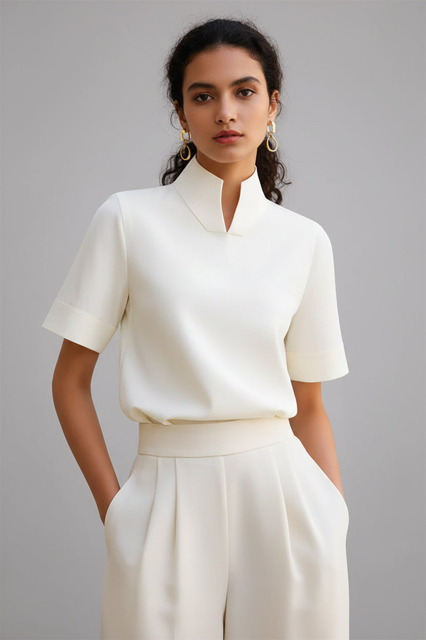 Dahlia | V Cut Mock Neck Blouse – Structured Long Sleeve Top for Polished Style