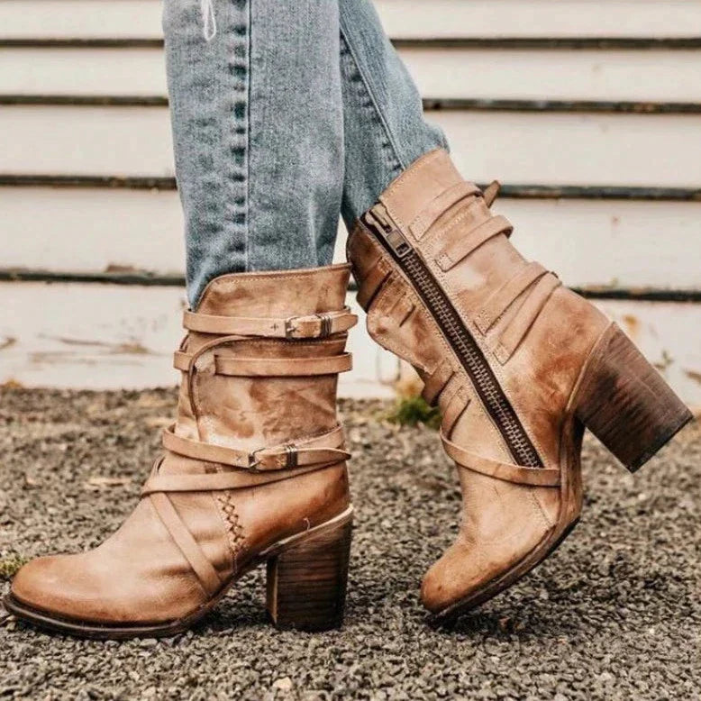 Valora | Multi-Strap Buckle & Zip Block-Heel Booties - Vintage Leather-Look Footwear