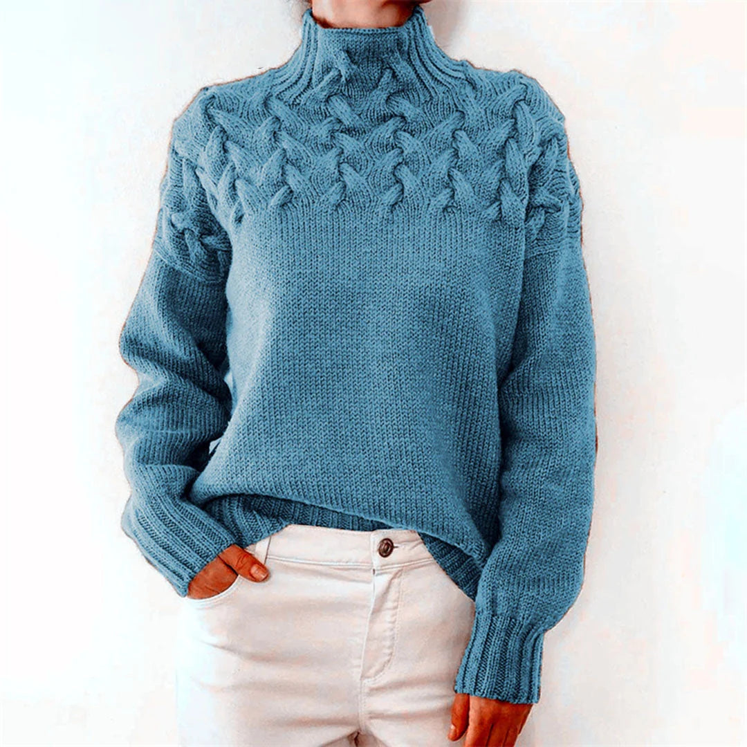 Vanessa | Textured Cable-Yoke High-Neck Knit Sweater -  Cozy Winter Pullover