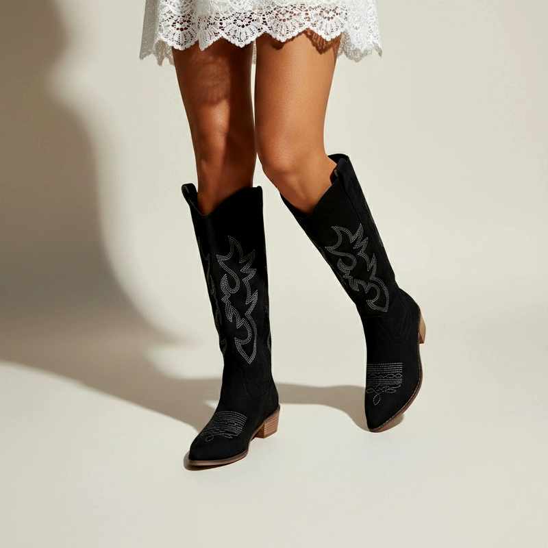 Vanya | Embroidered Pointed Toe Low Block Heel Western Boots - Classic Cowboy Footwear