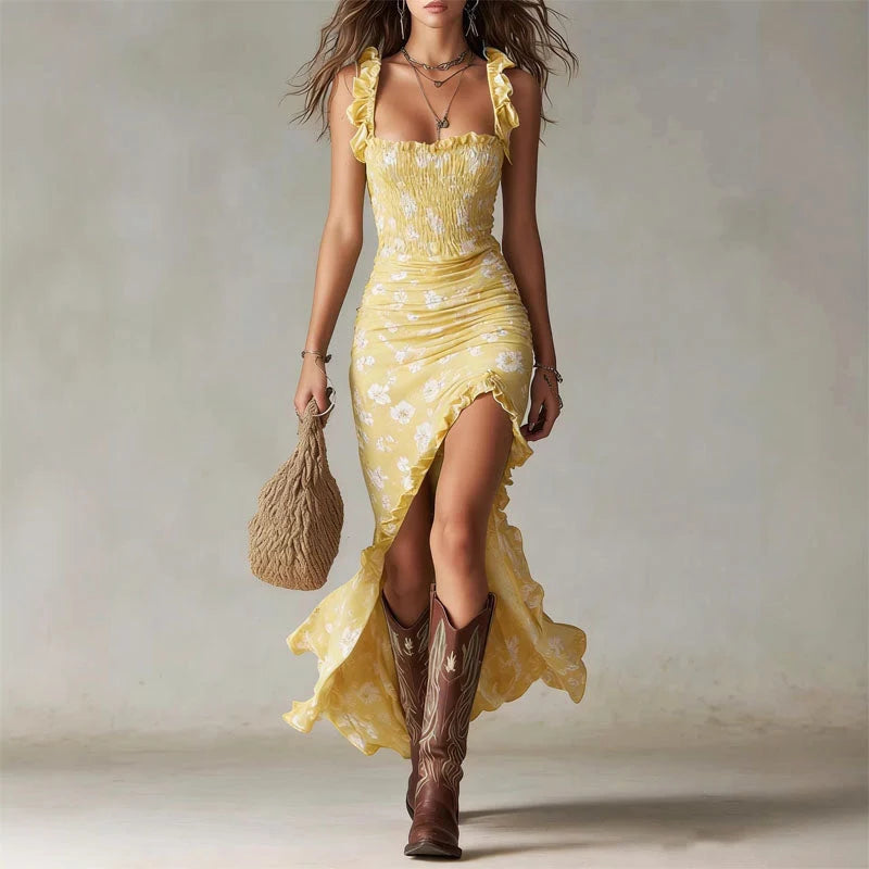 Vespera | Floral Maxi Dress – Bohemian Printed Long Dress with Side Slit