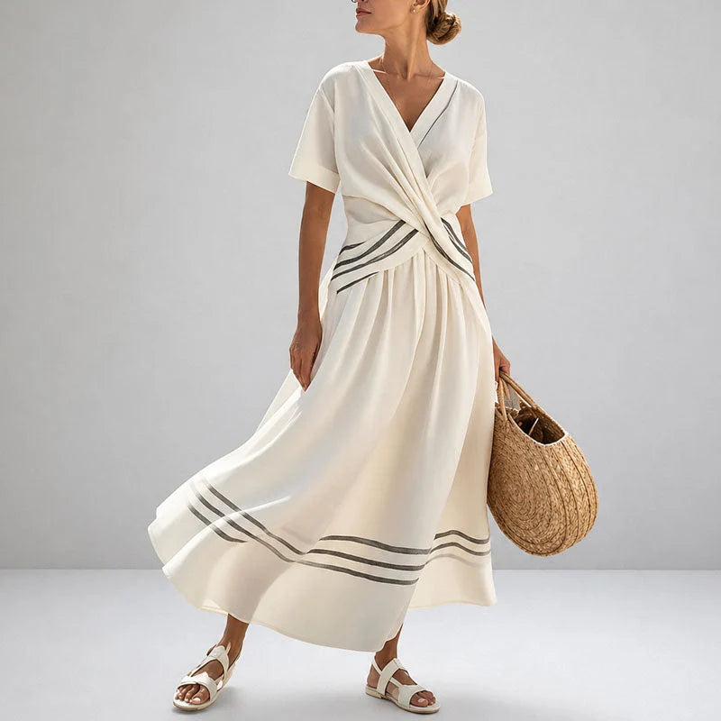 Veya | Twist-Waist V-Neck Maxi Dress — Short-Sleeve Striped Hem Design
