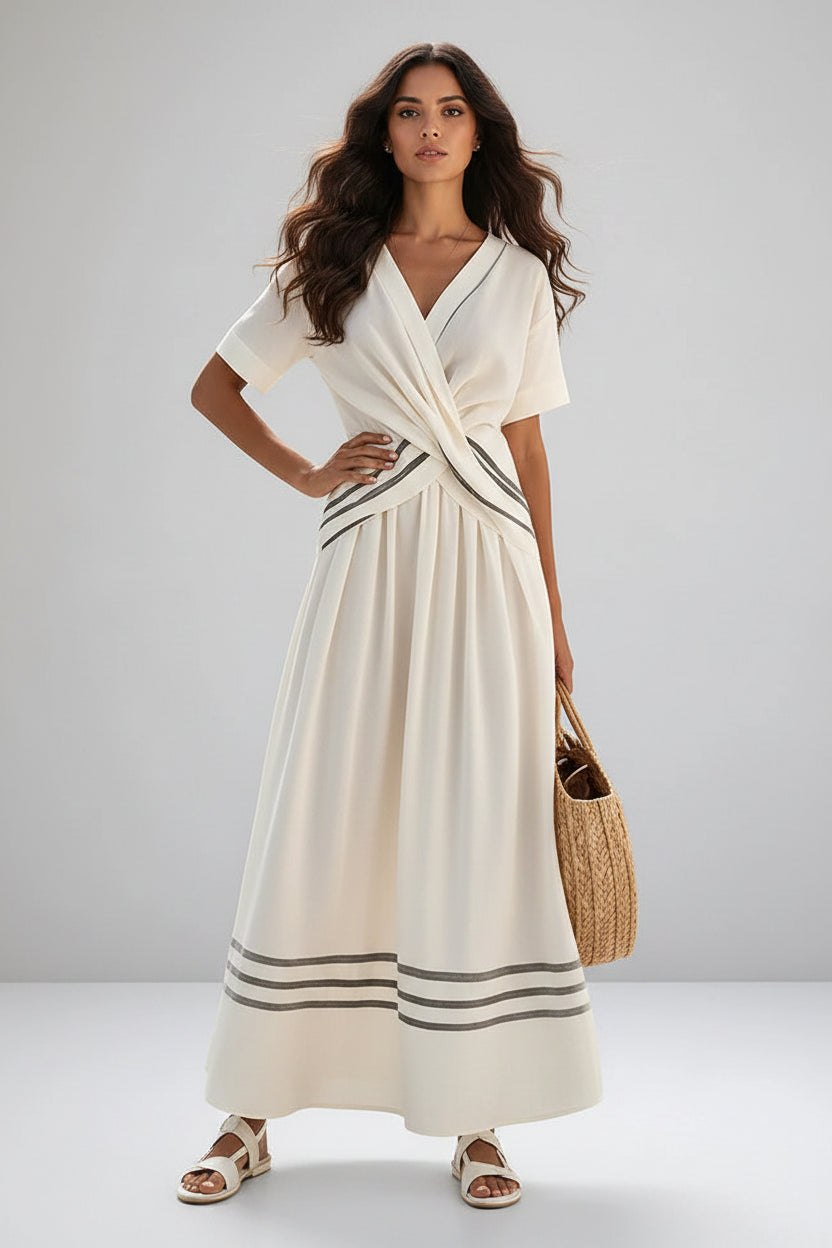 Veya | Twist-Waist V-Neck Maxi Dress — Short-Sleeve Striped Hem Design