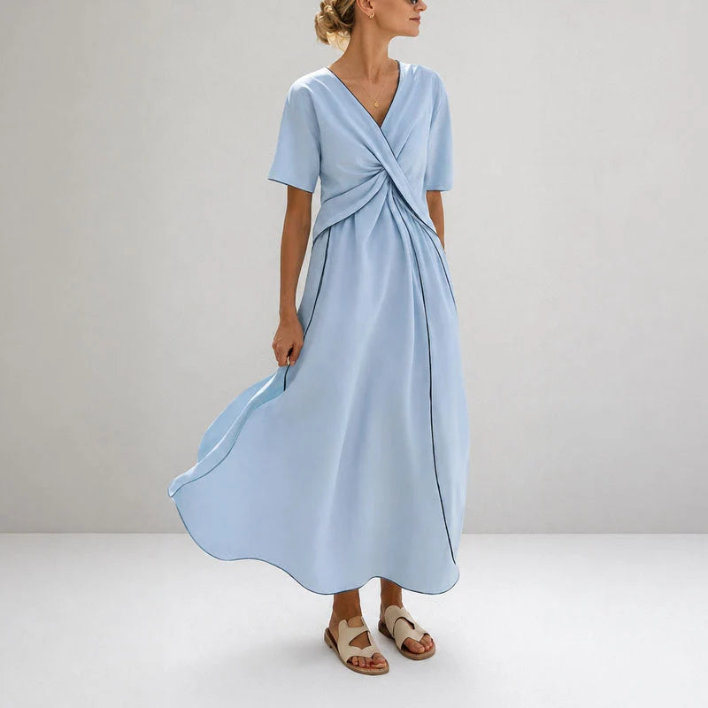 Veya | Twist-Waist V-Neck Maxi Dress — Short-Sleeve Striped Hem Design