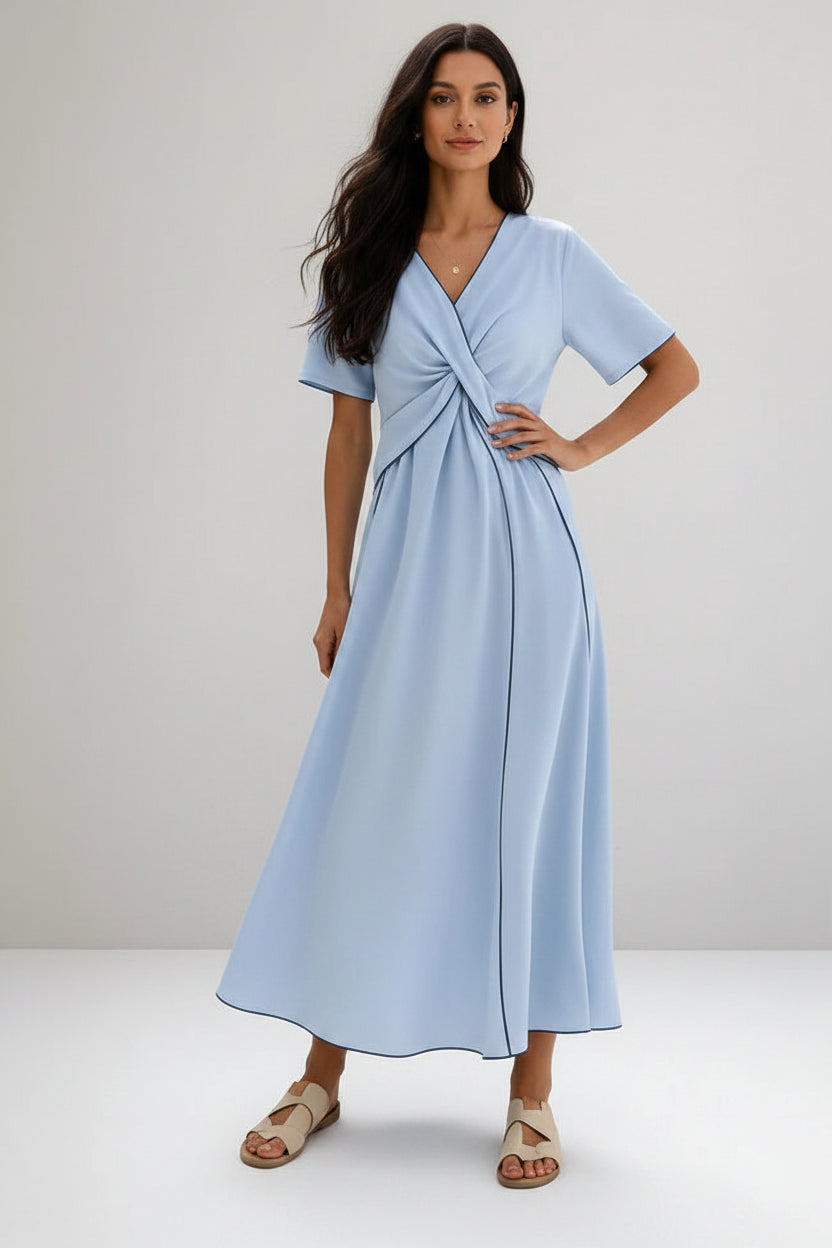 Veya | Twist-Waist V-Neck Maxi Dress — Short-Sleeve Striped Hem Design