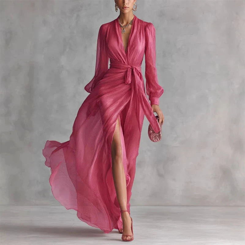 Violetta | Sheer Wrap Front Slit Maxi Dress - Gathered Waist Detail