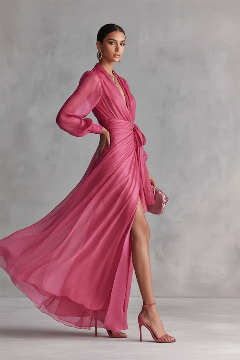 Violetta | Sheer Wrap Front Slit Maxi Dress - Gathered Waist Detail