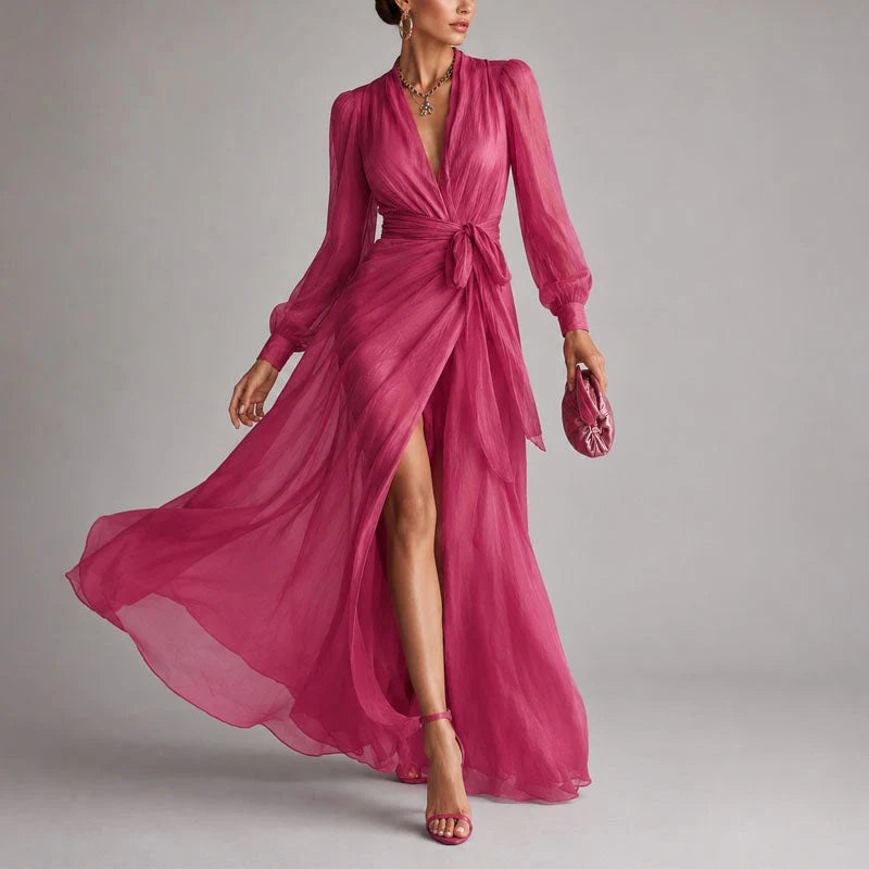 Violetta | Sheer Wrap Front Slit Maxi Dress - Gathered Waist Detail