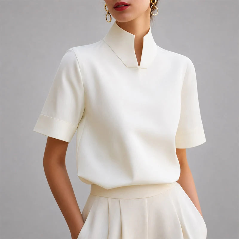 Virelia | Tailored High-Neck Slit Collar Top Sophisticated Short-Sleeve Blouse